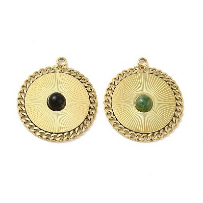 Природных драгоценных камней подвески, плоские круглые прелести, с вакуумным покрытием PVD, настоящее 18позолоченное 201золото, фурнитура из нержавеющей стали