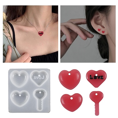 Valentine's Day Theme Heart & Key DIY Pendant Silicone Molds, Resin Casting Molds, for UV Resin, Epoxy Resin Craft Making