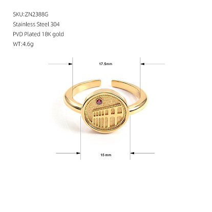 304 Stainless Steel Pave Cubic Zirconia Cuff Open Rings, Flat Round with Building Pattern