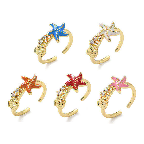 Латунные микро проложить манжеты кольца кубического циркония, морская звезда и форма раковины, с эмалью, долговечный, стойки покрытие, без свинца и без кадмия, реальный 18 k позолоченный