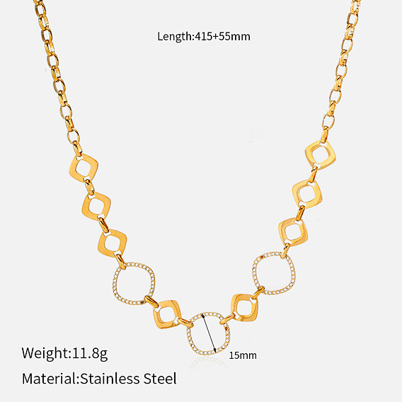 304 Stainless Steel Micro Pave Clear Cubic Zirconia Hollow Ring Rhombus Heart Link Chain Necklaces, Golden