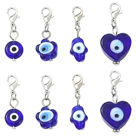 20 piezas 4 estilos hechos a mano decoraciones colgantes de murano mal de ojo, con broches de langosta de la aleación de la garra, Platino, plano redondo y corazón y flor