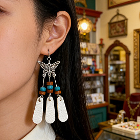 Iron & PU Imitation Leather Teardrop with Butterfly Dangle Earrings, Resin & Wood Earrings, Antique Silver