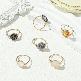 Плоские круглые кольца из натуральной красной яшмы, розового кварца, голубой пятнистой яшмы, тигрового глаза, далматинской яшмы и агата, латунная проволока, обернутая для женщин