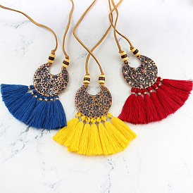 Bohemian Tassel Necklace with Crescent Disk and Multi-Color Strands