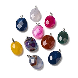 Natural Agate Dyed Pendants, Faceted Oval Charms with Platinum Plated Brass Pinch Bails