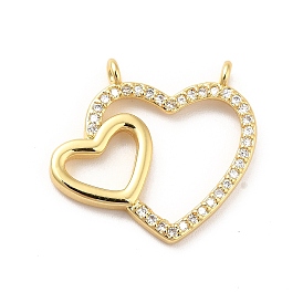 Brass Micro Pave Clear Cubic Zirconia Connector Charms, Heart Link, Long-Lasting Plated, Cadmium Free & Nickel Free & Lead Free