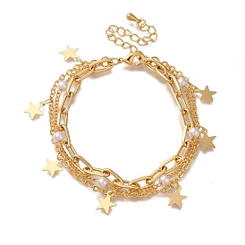 Star Brass Cable Chain Bracelets, Multi-Strand Bracelets For Women, with ABS Plastic Pearl