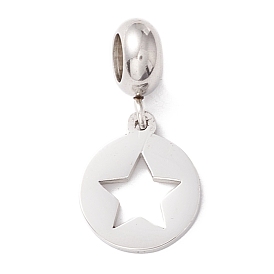 304 Stainless Steel European Dangle Charms, Large Hole Pendants, Flat Round with Star