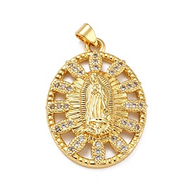 Brass Micro Pave Clear Cubic Zirconia Pendants, Oval with Virgin Mary