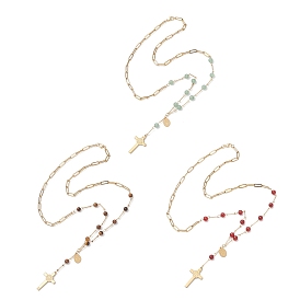 Natural Stone Round Rosary Bead Necklaces, 304 Stainless Steel Cross Virgin Pendant Necklaces for Women, Golden
