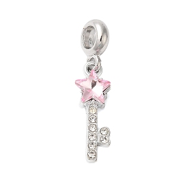 Rack Plating Alloy Light Rose Rhinestone European Dangle Charms, Large Hole Star Key Pendants, Cadmium Free & Nickel Free & Lead Free