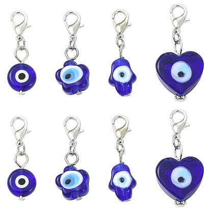20 piezas 4 estilos hechos a mano decoraciones colgantes de murano mal de ojo, con broches de langosta de la aleación de la garra, Platino, plano redondo y corazón y flor