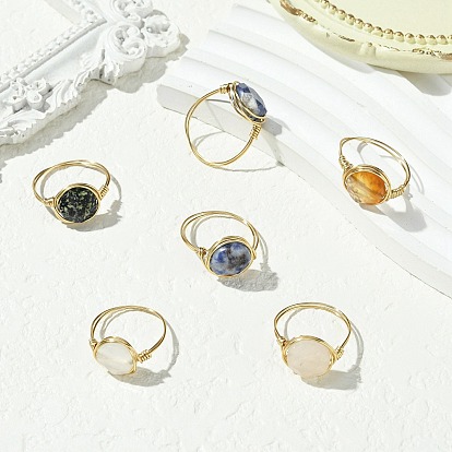 Плоские круглые кольца из натуральной красной яшмы, розового кварца, голубой пятнистой яшмы, тигрового глаза, далматинской яшмы и агата, латунная проволока, обернутая для женщин