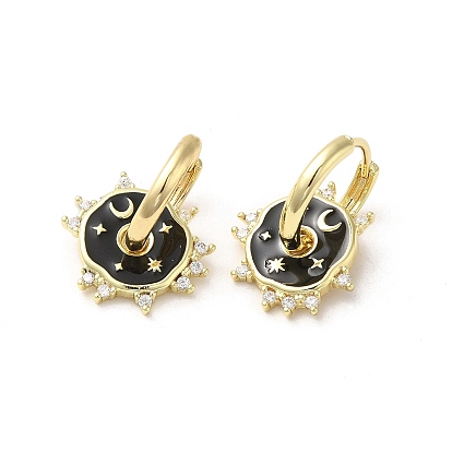 Sun & Moon Golden Brass Dangle Leverback Earrings, with Enamel and Cubic Zirconia