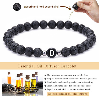 Natural Volcanic Stone Letter Bracelet with Elastic Cord - 26 English Alphabet Charms for Couples
