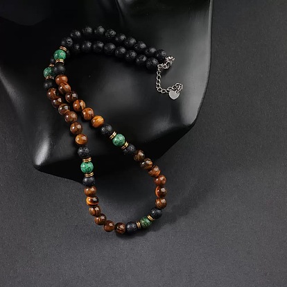 8Миллиметровые ожерелья из круглых бусин из натурального тигрового глаза, африканской бирюзы (яшмы) и лавового камня для мужчин, с концевыми цепями из нержавеющей стали