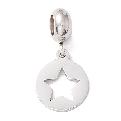 304 Stainless Steel European Dangle Charms, Large Hole Pendants, Flat Round with Star