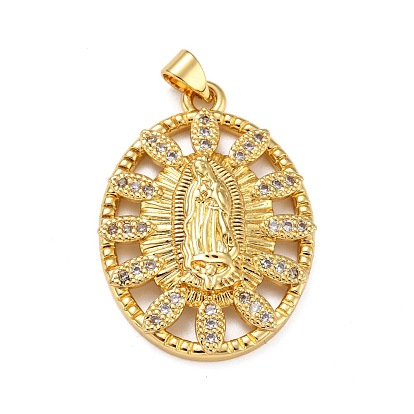Brass Micro Pave Clear Cubic Zirconia Pendants, Oval with Virgin Mary