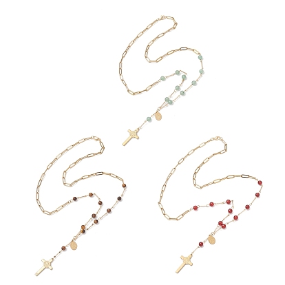 Круглые четки из натуральных камней, 304 Женские ожерелья с подвеской в виде креста из нержавеющей стали, золотые