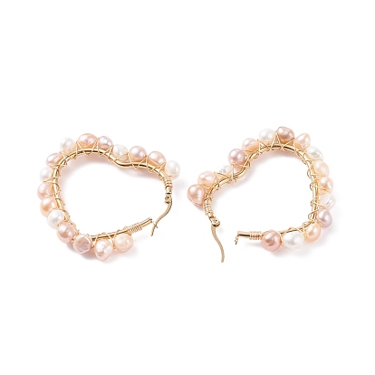 Natural Pearl Wire Wrapped Heart Big Hoop Earrings for Women, Golden