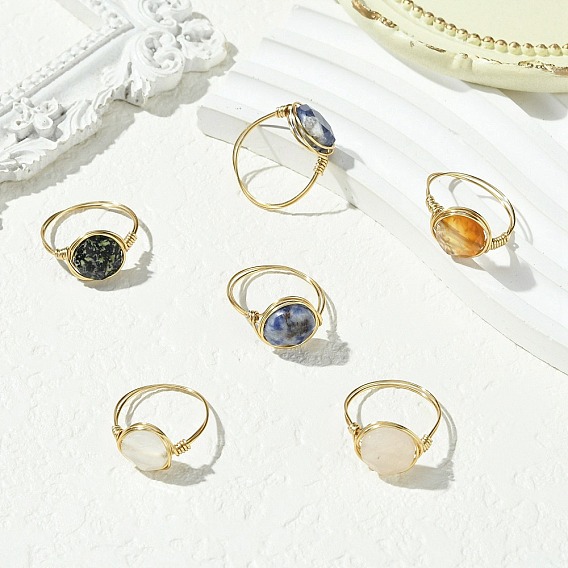 Плоские круглые кольца из натуральной красной яшмы, розового кварца, голубой пятнистой яшмы, тигрового глаза, далматинской яшмы и агата, латунная проволока, обернутая для женщин