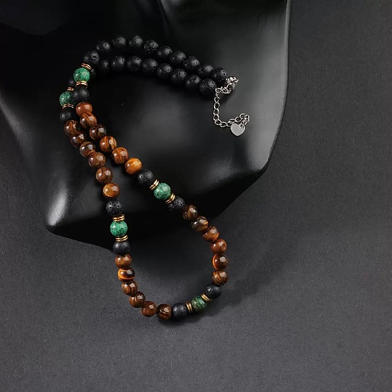 8Миллиметровые ожерелья из круглых бусин из натурального тигрового глаза, африканской бирюзы (яшмы) и лавового камня для мужчин, с концевыми цепями из нержавеющей стали