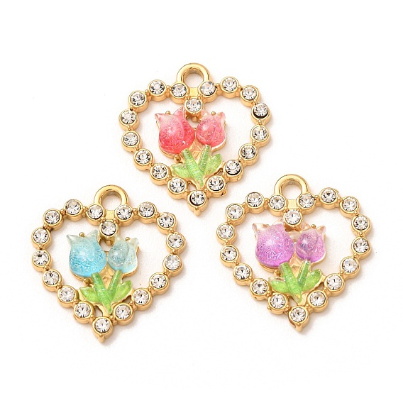 304 Stainless Steel & Resin Pendants, Heart with Tulip Charm, with Rhinestone