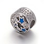Retro 304 Stainless Steel European Beads, with Enamel and Rhinestone, Large Hole Beads, Flat Round with Star and Moon