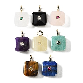 Natürlichen Edelstein-Anhänger, quadratische Charms mit Mikropavé-Zirkonia-Beschlägen aus Messing, golden