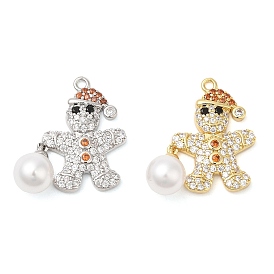Rack Plating Brass Pave Cubic Zirconia Pendants, with Plastic Pearl, Long-Lasting Plated, Cadmium Free & Lead Free, Gingerbread Man