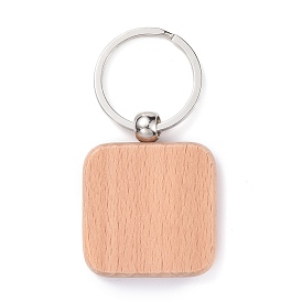 Natural Wood Keychain, with Platinum Plated Iron Split Key Rings, Square