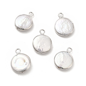 Baroque Natural Keshi Pearl Pendants, Flat Round Charms, with Brass Loops