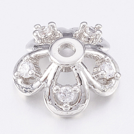 Brass Micro Pave Cubic Zirconia Bead Caps, Platinum, 5-Petal