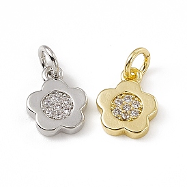 Brass Micro Pave Cubic Zirconia Charms, with Jump Rings, 5-Petal Flower Charm