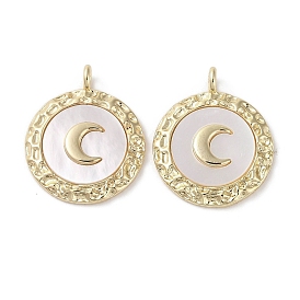 Brass Micro Pave Clear Cubic Zirconia with Shell Pendants, Flat Round with Moon Pattern