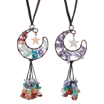 2Pcs 2 Style Chip Gemstone Beaded Tassel Car Hanging Ornaments, with Brass Moon & Star and Polyester Thread