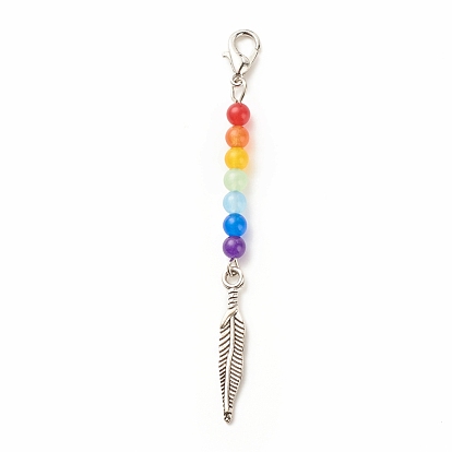 Décorations de pendentif perlé de jade de malaisie naturel et teint sur le thème du chakra, avec fermoir pince de homard, Pendentifs en alliage de style tibétain, plume