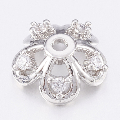 Brass Micro Pave Cubic Zirconia Bead Caps, Platinum, 5-Petal