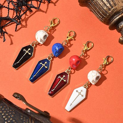 4 шт. подвесные украшения в виде ракушек из синтетической бирюзы, с подвесками-крестиками из эмалевого сплава и карабинами-застежками