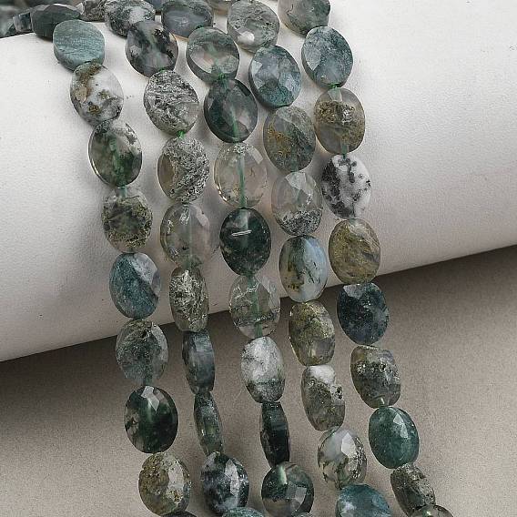 Natural Moss Agate Beads Strands, Faceted, Flat Oval