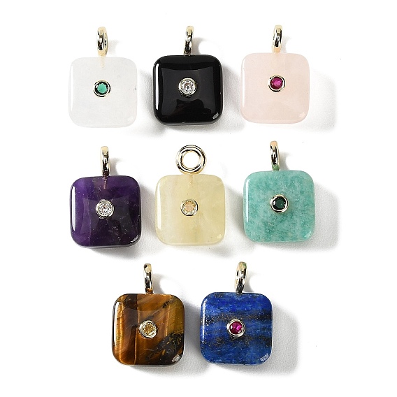 Natural Gemstone Pendants, Square Charms with Brass Micro Pave Cubic Zirconia Findings, Golden
