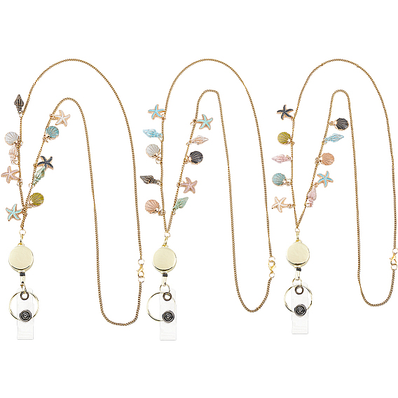 3Pcs Ocaen Theme 304 Stainless Steel Necklaces, Mixed Shapes, with Alloy Pendants and ABS Plastic Retractable Badge Holders