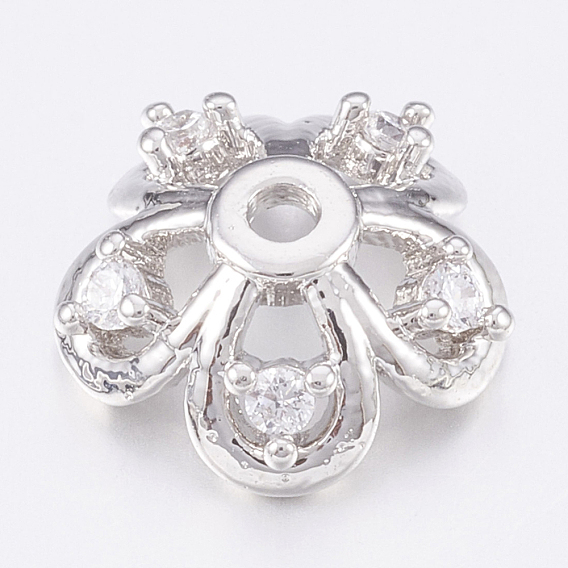 Brass Micro Pave Cubic Zirconia Bead Caps, Platinum, 5-Petal