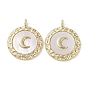 Brass Micro Pave Clear Cubic Zirconia with Shell Pendants, Cadmium Free & Nickel Free & Lead Free, Flat Round with Moon Pattern