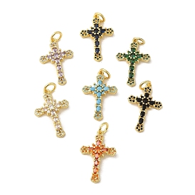 Brass Micro Pave Cubic Zirconia Pendants, Real 18K Gold Plated, Cross