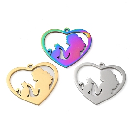 304 Stainless Steel Pendants, Heart with Women and Cat