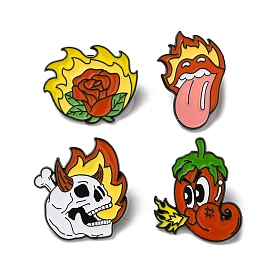 Fire Theme Skull Rose Lip Enamel Pins, Black Alloy Brooches for Backpack Clothes