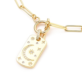 Brass Micro Pave Clear Cubic Zirconia Pendant Necklaces, with Brass Paperclip Chains and 304 Stainless Steel Toggle Clasps, Oval with Moon & Star