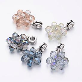 Glass European Dangle Charms, Flower, with Tibetan Style Alloy Tube Bails, Antique Silver